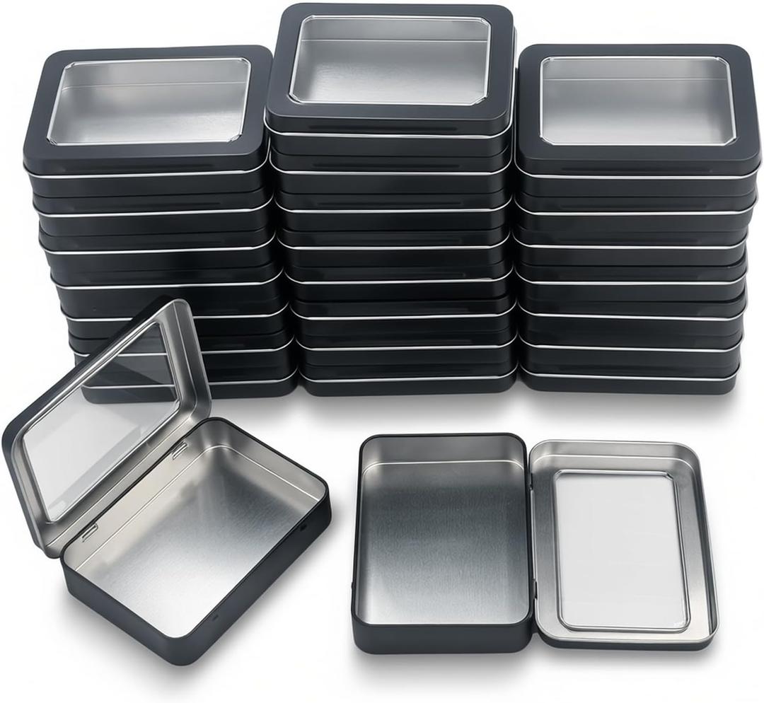 24 Pack Empty Rectangular Metal Storage Organizer Tins with Clear Window Hinged Lids for Small Items and Other Craft Projects (Black, 4.5 x 3.3 x 0.87 inches)