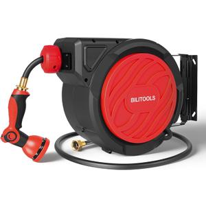 BILITOOLS Retractable Garden Hose Reel 1/2 in x 50 ft, Wall Mounted Water Hose Reel for Outside with Any Length Lock, Slow Auto Rewind Anti-Tangle System, 180 Swivel Bracket & 10-Pattern Spray Nozzle