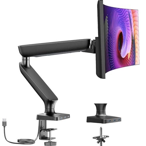 Single Monitor Mount for 13-49 Inch Screens up to 24 lbs, Ergonomic Adjustable Monitor Arm with Built-in USB 3.0 Hub, Space-Saving VESA Desk Mount for Home Office & Gaming, C-Clamp & Grommet Base