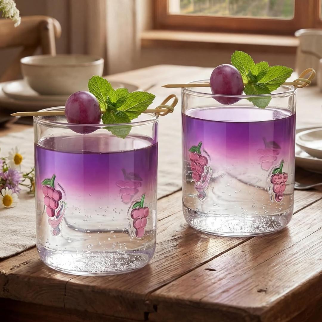 SiliFine 2 PCS Grape Icon Juice Glasses - 14oz Purple Grape Stemless Wine Drinking Coffee Glass Cup for Fruit Party Supplies & Gift, 3.5 inches x 4.3 inches
