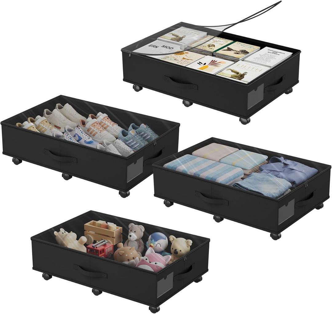 Babenest 4-Pack Under Bed Storage Organizer with Clear Zippered Lid, Foldable Rolling Underbed Drawers on 6 Wheels, Space Saving Clothes, Shoes, Toy Storage for Bedroom, Dorm, Closet