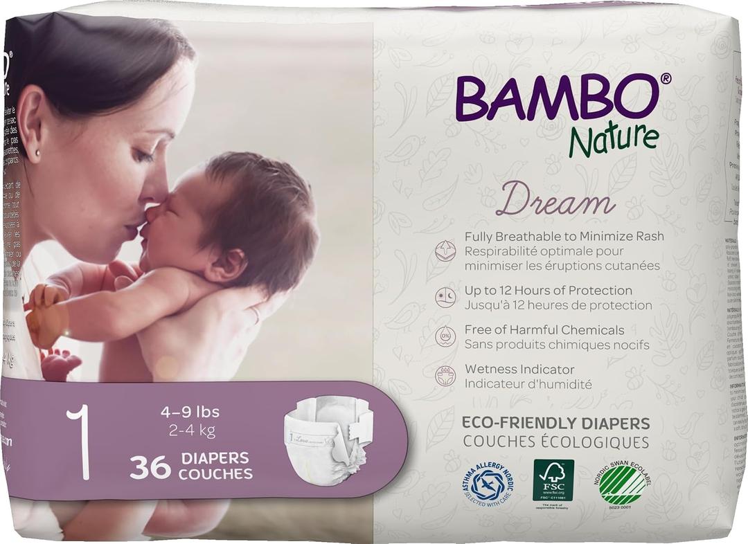 Bambo Nature Premium Baby Diapers - French/English Packaging, Size 1, 216 Count
