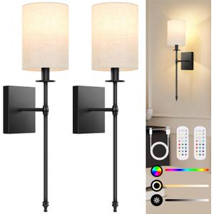 24.8 inch Battery Operated Wall Sconces Set of 2 with Remote, Rechargeable Wireless Wall Lights with Beige Fabric Shade, Indoor Not Hardwired Dimmable for Bedroom Living Room Decor (Flax and Black)