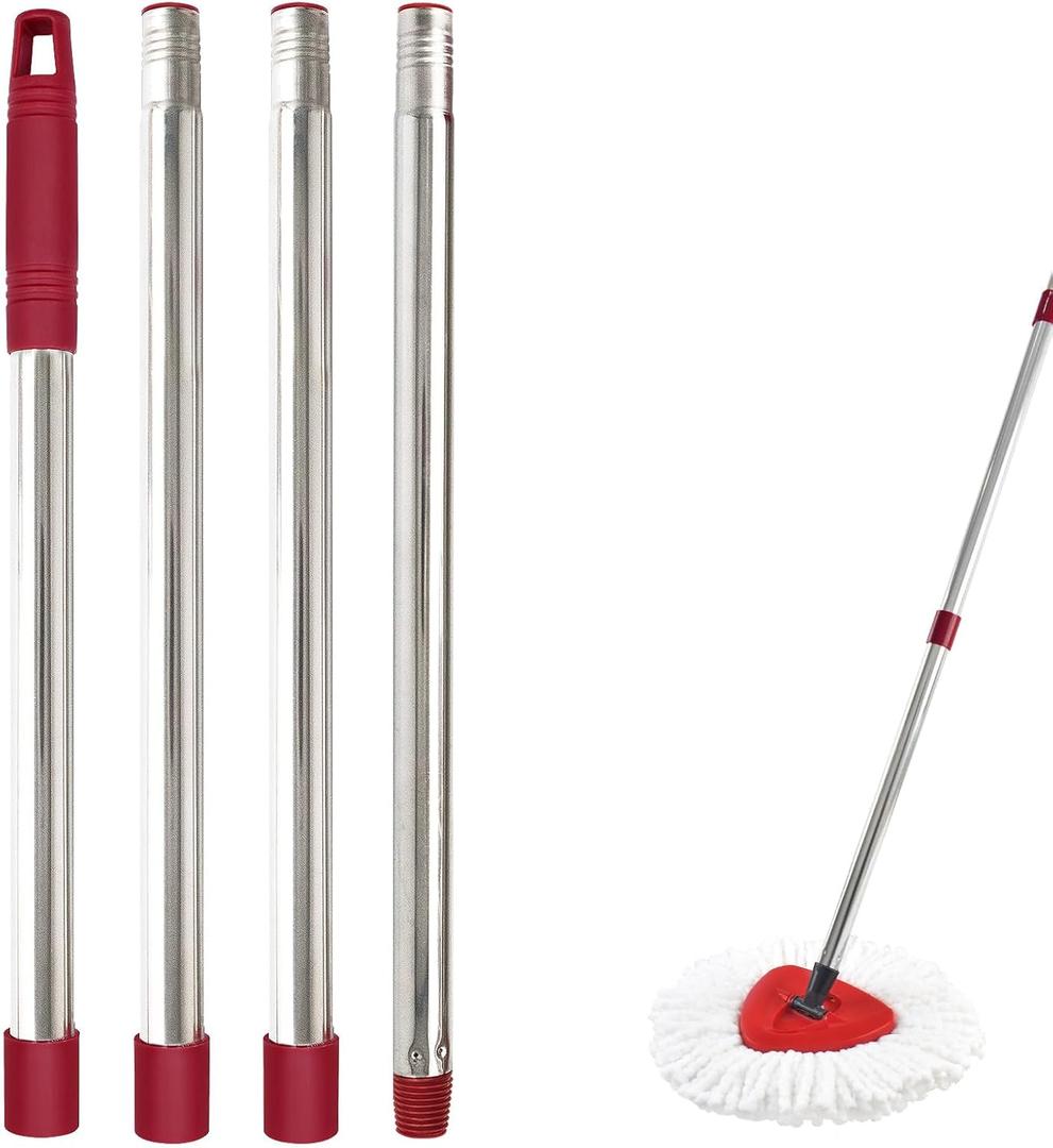 Mop Handle for Ocedar, Mop Handle for O Cedar, Spin Mop Replacement Handle for O Cedar, 4 Section 30" to 58" Mops Handles for Cedar Spin Mops & H2pro Flat Mop (Red Stainless Steel)