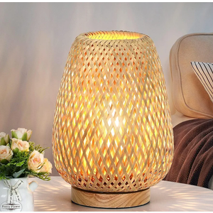 Rattan Table Lamp, Stepless Dimmable Small Beside Lamp, Vintage Wicker Wooden Nightstand Boho Bamboo Woven End Table Lamps for Bedroom Living Room Desk Kids Room, 2700K T45 LED Bulb Included