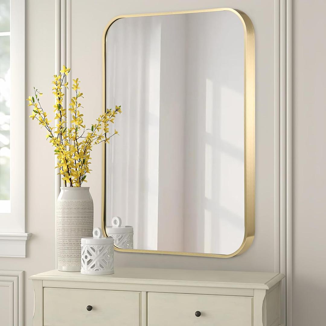 FARMER 20x30 Inch Gold Bathroom Mirrors for Wall, Brushed Brass Bathroom Vanity Mirror with Rounded Edge, Metal Framed Rectangle Mirrors for Bathroom or Living Rooms, Hangs Horizontally or Vertically (30"L x 20"W)