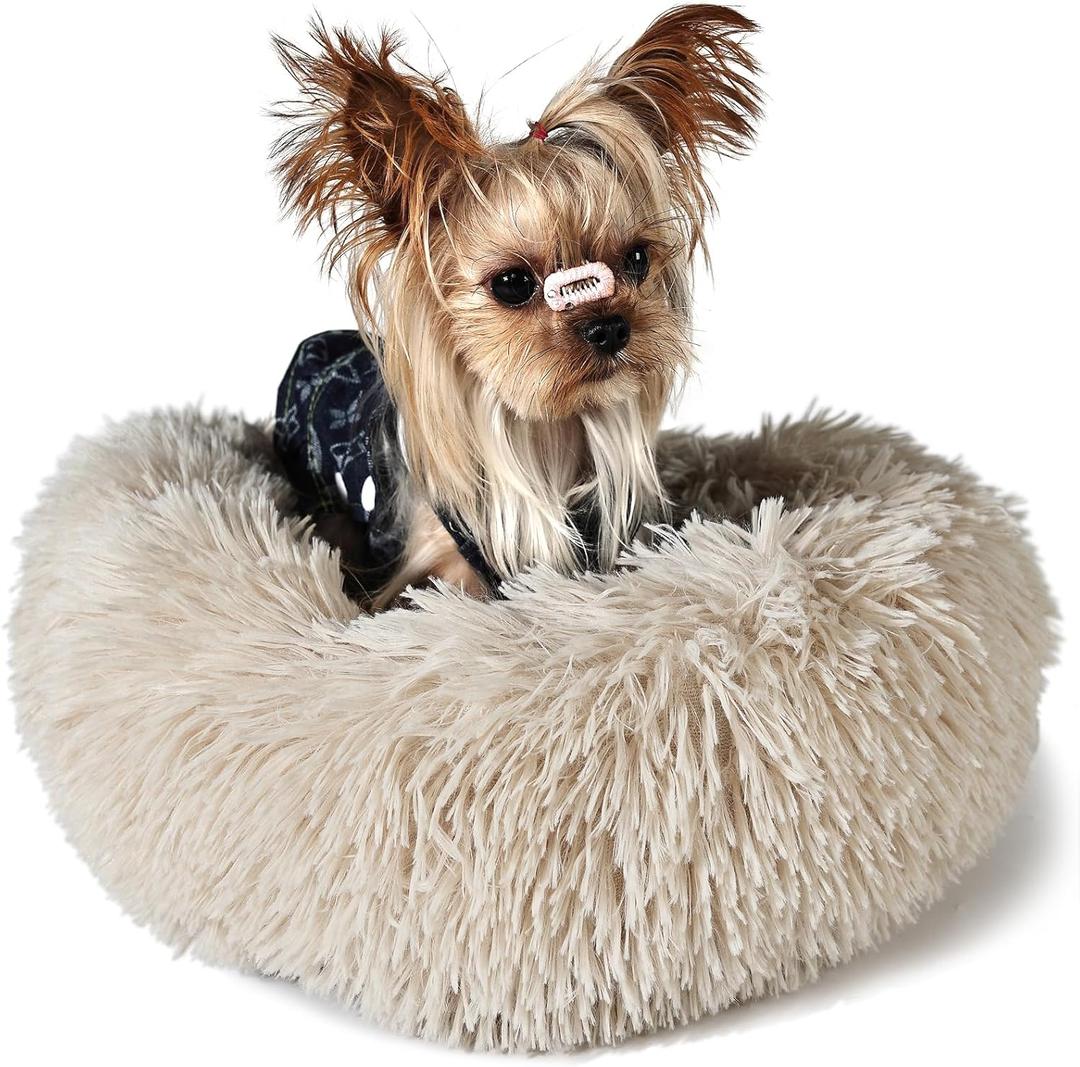 Tiny Dog Bed Extra Small Washable 15 inches Beige Donut Soft Small Dog Bed,Calming Anti Anxiety Round Fits up to 5 lbs Warm Comfort Pets Beds for Puppy Dogs Indoor