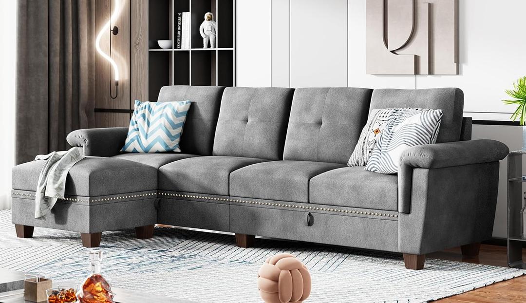 Shintenchi Sectional Couch,Convertible L Shaped Couch with Storage,Sofa Set with Storage Ottoman for Living Room,Light Grey