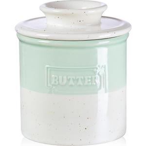 NUTRIUPS Ceramic Butter Crock, Butter Dish with Lid for Countertop with Water Line, French Retro Butter Crock for Spreadable Butter (Cyan Mist White)