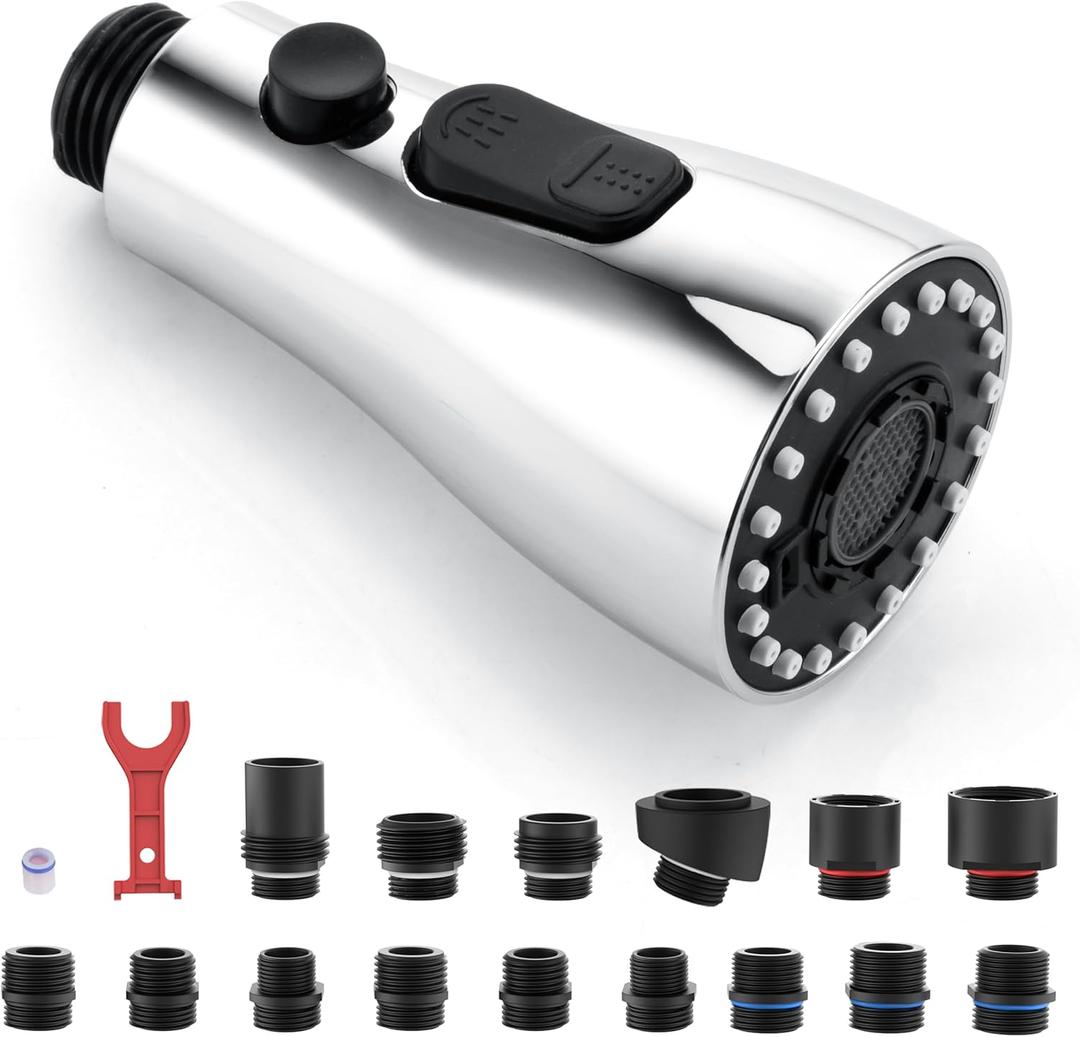 J-HVA Pull Down Kitchen Faucet Sprayer Head Replacement Part, 3 Function kitchen Sink Faucet Replacement Nozzle, Kitchen Faucet Head Hose Spray Tap Spout, Chrome (15 Connectors)