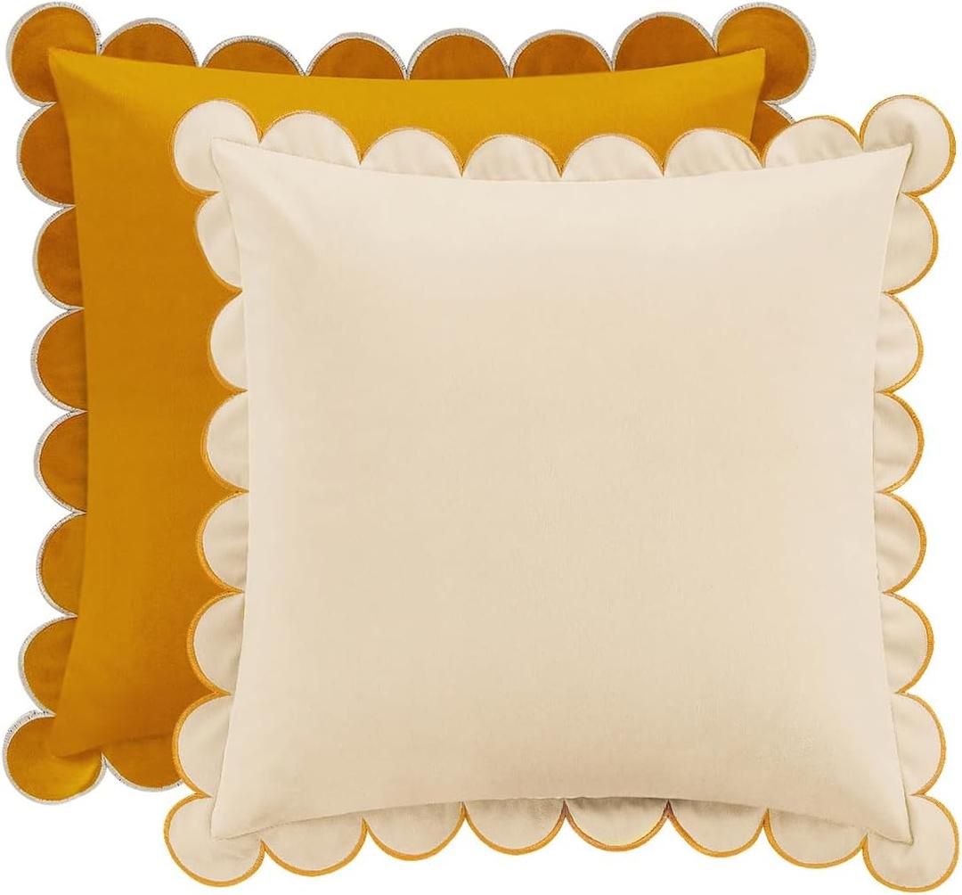 MONDAY MOOSE Decorative Throw Pillow Covers Cushion Cases, Set of 2 Soft Velvet Scalloped Round Edge Designs, Mix and Match for Home Decor, Pillow Inserts Not Included (Yellow/Cream, 18x18 inch) (18" x 18" (Pack of 2))