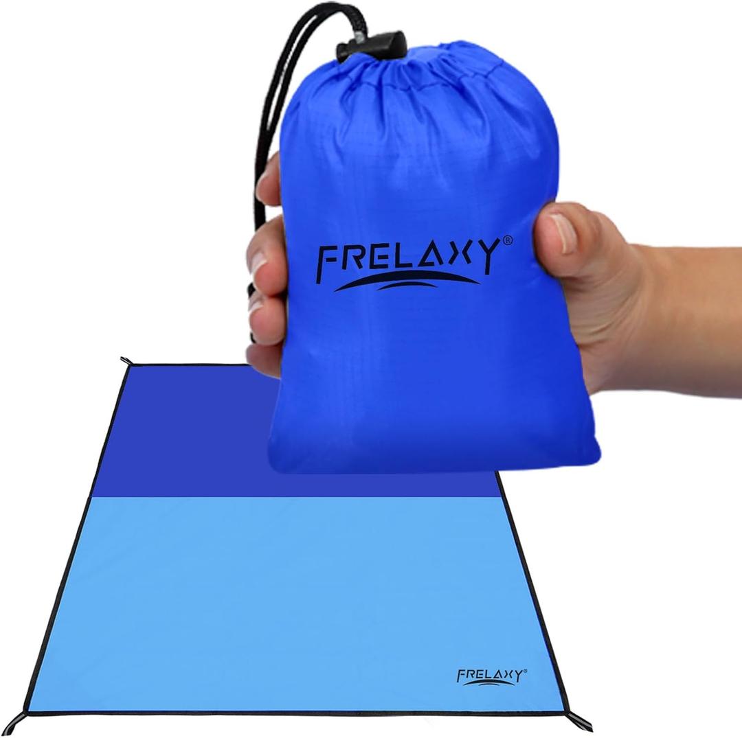 Frelaxy Pocket Picnic Blanket, Waterproof Sandproof Beach Mat, Compact Camping Tarp for Festivals, Hiking, Travel, Outdoor Recreation (Navy & Blue, 57'' x 71'')