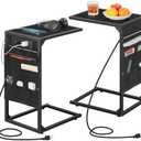 KANEODOT C Shaped End Table Set of 2, TV Tray with Charging Station, USB Ports and Outlets, Slide Under Couch, Storage Bag, for Small Spaces, Black
