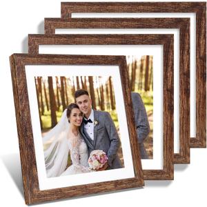 Hongkee 12x12 Picture Frame Set of 4 - Made of Glass and Rustic Brown Wooden Frame, Display Square Pictures 10x10 with Mat or 12 x 12 without Mat, Desktop & Wall Collage Photo Frame, 12x12 in