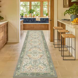 Vintage Runner Rugs for Hallways - Sage Green 2'6"x10' Wide Kitchen Runners, 10 ft Long Entryway Rug, Botanical Pattern with Flowers and Leaves, Washable Non Slip Low Pile