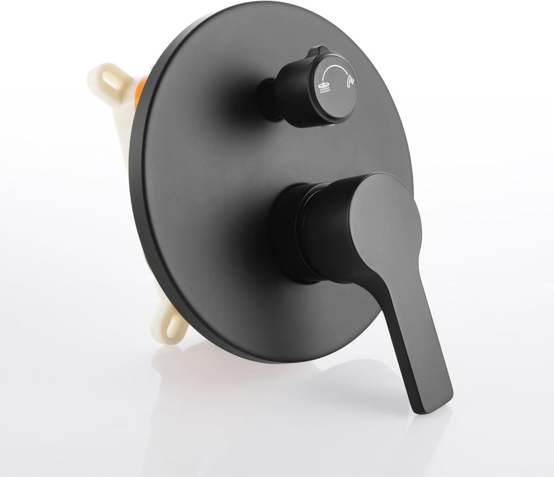 Matte Black 2 Way Shower Diverter Valve, Pressure Balance Rough-In Mixer Dual-Function 1/2" FNPT Connection, Single Shower Handle Valve Trim Kit Replacement