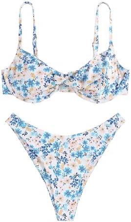ZAFUL Women's Twist Front Bikini Sets Underwire Tie Back Bikini High Waisted Two Piece Swimsuit, L
