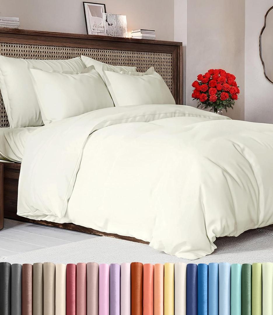 Duvet Cover Queen Size Set - Extra Soft Queen Duvet Cover 90" x 90" with 2 Pillow Shams - Hotel Luxury, Easy Care and Fade Free w/ Zipper Closures & Ties - All Season, Comfy, Cozy & Breathable (Ivory)