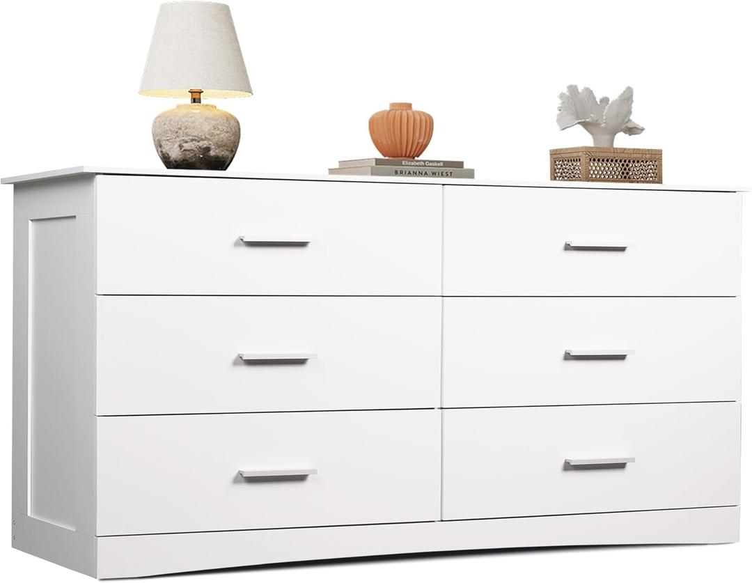 WLIVE Wood Dresser for Bedroom, Wide Chest of Drawers with 6 Drawers, Large White Storage Tower Unit, Modern Minimalist Closet Store Organizer for Living Room, Hallway