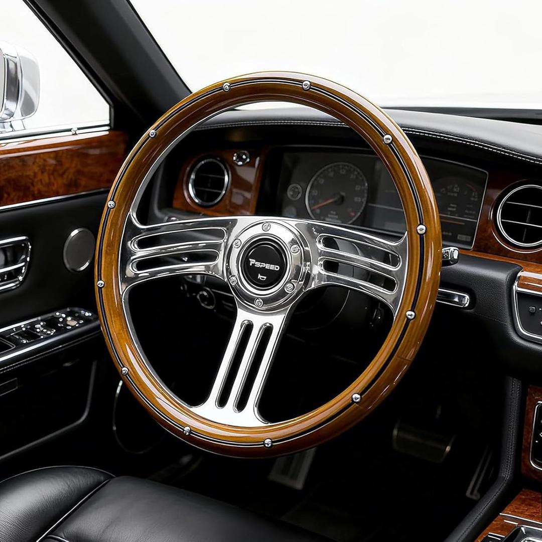 14 inch Solid Wood Steering Wheel,6 Bolt Hole 3 Spoke Chrome-Plated Aluminum Alloy with Horn Button 70MM Deep Dish Fit for Cars,Racing,Vintage Car,350mm Classic Car Steering Wheel