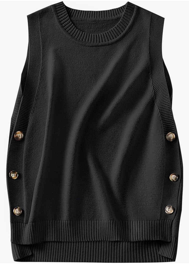 Womens Sweater Vest Summer Sleeveless Crewneck Ribbed Knit Side Button Loose Pullover Tank Tops 2025 Fall Outfits Black, Large