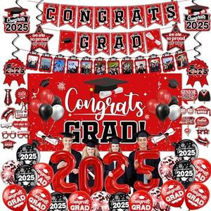 Graduation Decorations Class of 2025, Graduation Backdrop Sign, Congrats Grad Banner, Hanging Swirls, Photo Booth Props, Red Balloons of Number 2025 for Men Women Graduation Party Decorations（Red）