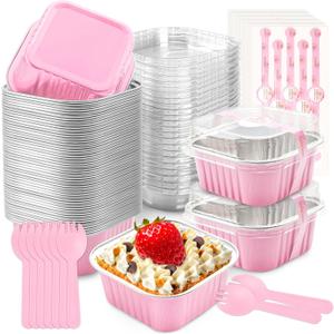NPLUX 50 Pcs Mini Cake Pans with Lids and Spoons Aluminum Foil Mini Square Baking Cups with Lids Disposable Ramekins Cake Pans Dessert Cups for Wedding Mothers Day Gifts Party Favors (Pink, 5oz)