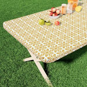 misaya Rectangle Vinyl Table Cloth, Elastic Fitted Flannel Backed Tablecloth, 100% Waterproof Plastic Table Cover Fits 5 Foot Folding Tables for Picnic, Camping, Outdoor (Gold, 30" x 60")