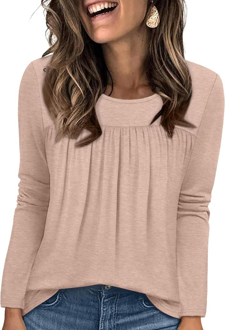WIHOLL Long Sleeve Shirts for Women Pleated Fall Tops Crewneck Casual Tunic Tops to Wear with Leggings Fashion Clothing (Beige, L)