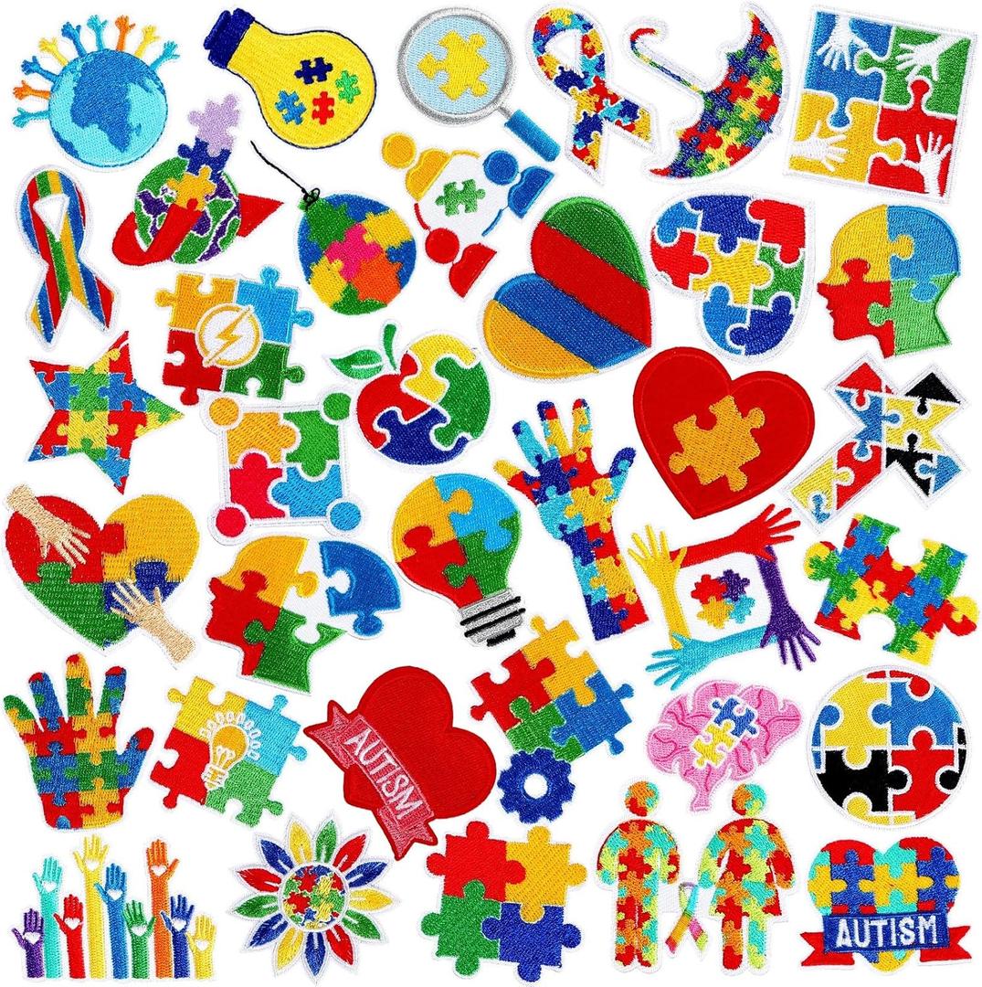 AUGSUN 36pcs Autism Awareness Iron on Patches Autism Awareness Ribbon Embroidered Sew Applique Repair Patch Support Campaign Charity Event DIY Crafts for Clothing Dress Backpack Hat Decorations