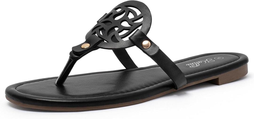 katliu Women's Flat Sandals Flip Flop Sandals Comfortable Dressy Thong Sandals, Black, Size 9