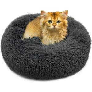Cat & Dog Beds, Fluffy Round Pet Bed Non-Slip, Calming Soft Plush Donut Cuddler for Indoor Small Dogs Kittens, 15 inches Cat Bed Machine Washable, Small Round cat Bed Dark Gray (XS-38cm Dark Grey)