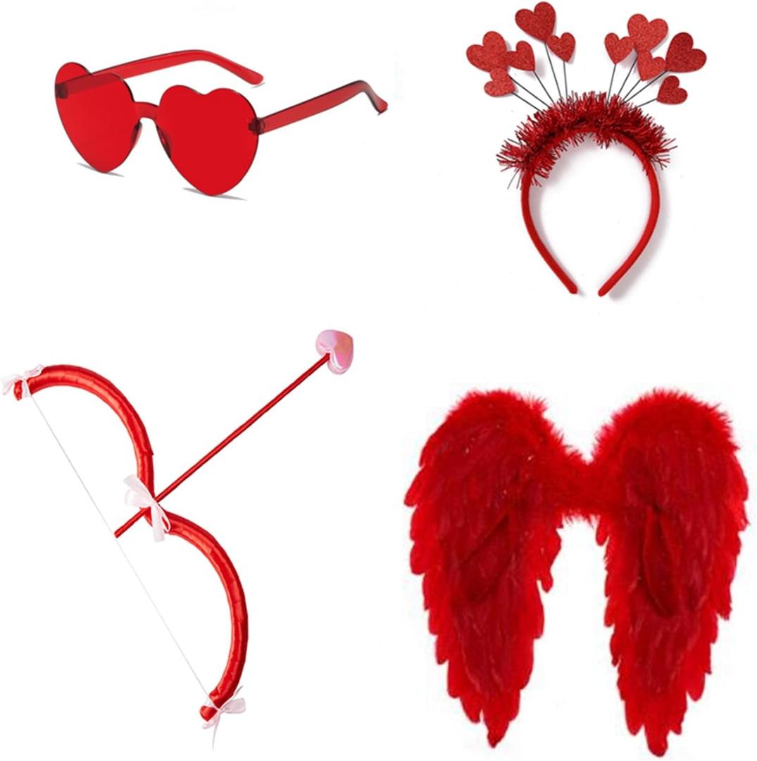 Cupid Costume Set with Bow and Arrow, Wings, Heart Glasses, Headband, Photography Props (One Size, 01)