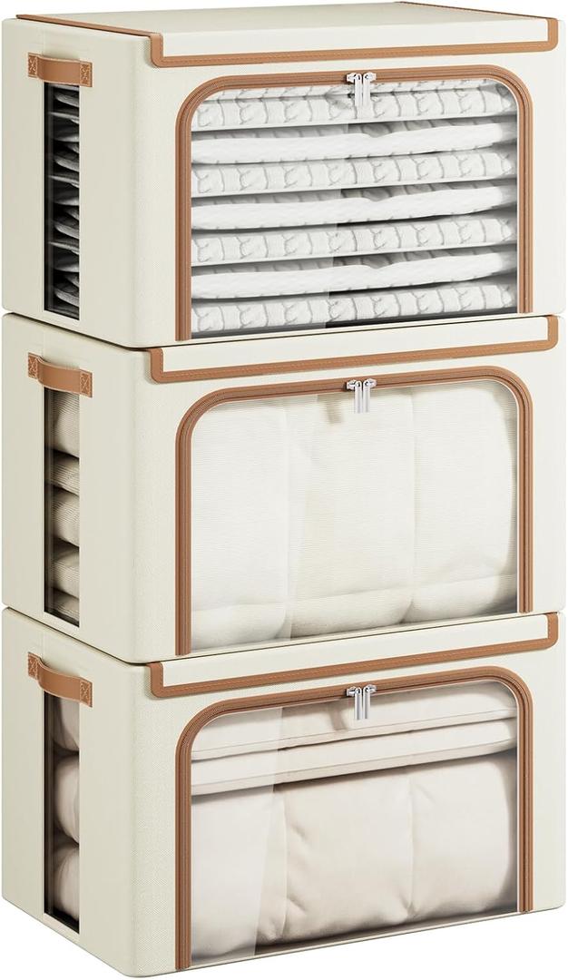 Yecaye Clothes Storage Bins with Metal Frame, Foldable Clothing Storage Bin with Lid, Stackable Oxford Fabric Organizer Box With Clear Window & Zippers & PU Leather Handles (3 Pack,Beige,66L)