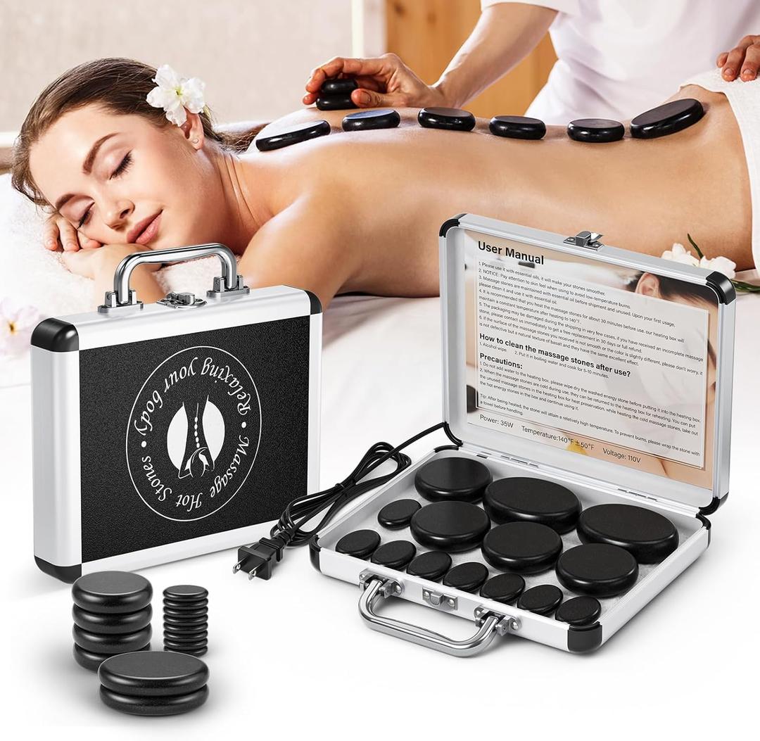 Hot Stones Massage Set, 14Pcs Basalt Portable Stone Kit with Warmer, Professional Rocks for Home Spa Warming Therapy Relaxing Pain Relief