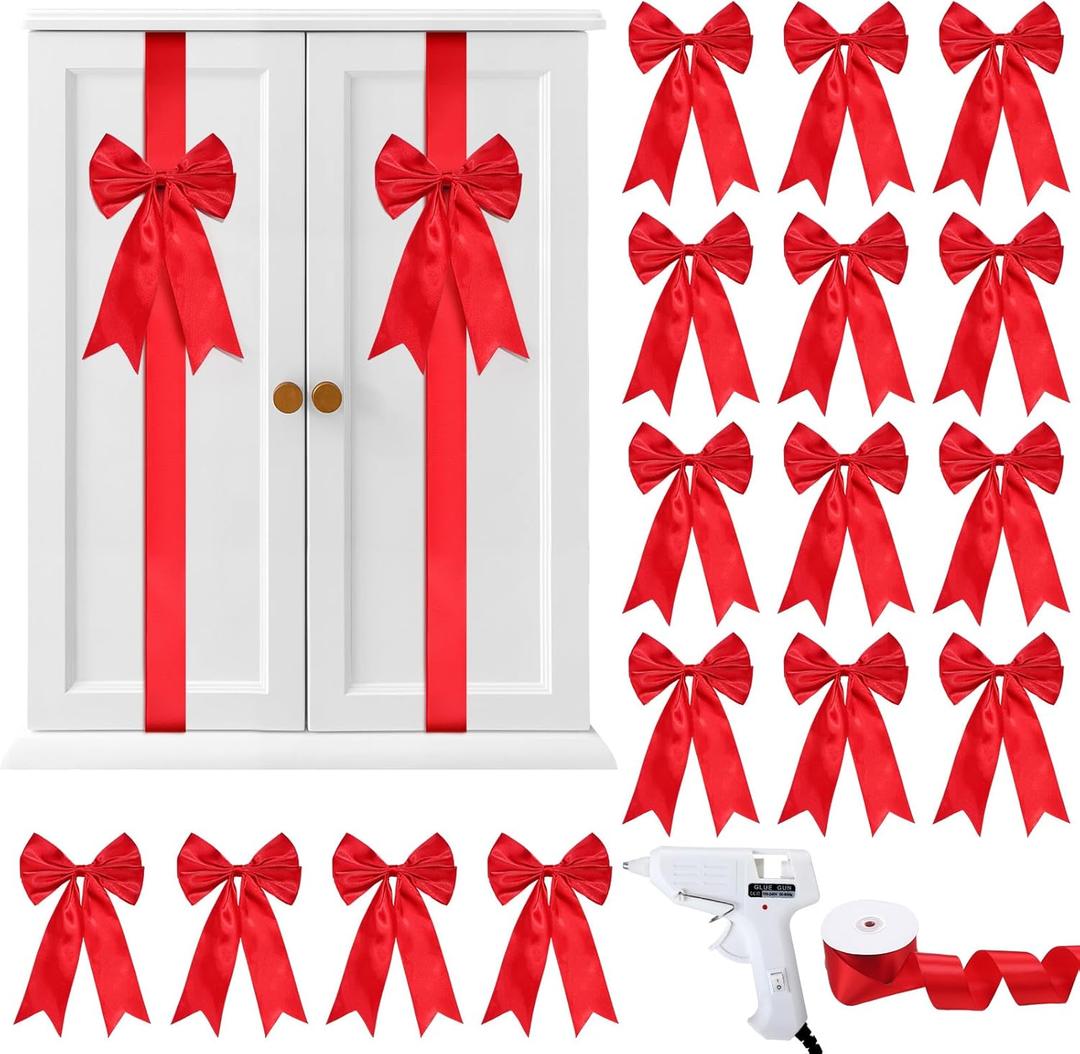 16 Pcs Christmas Cabinet Bows DIY Kitchen Velvet Cabinet Ribbons Bows for Kitchen Dining Door Home Holidays Decoration(Red,Silk)