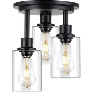 Semi Flush Mount Ceiling Light,3 Lights Clear Glass Shade, Matte Black Finish,Farmhouse Industrial Rustic Ceiling Light Fixture for Hallway Kitchen Island Entryway Bedroom, E26 Socket,11.2.
