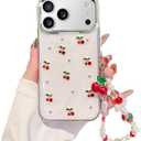Cute Case for iPhone 17 Pro Max,Red Cherry Pearls Case with Phone Charm Chain,Flowers Fruit Women Girls Designed Shockproof for 17 Pro Max -White
