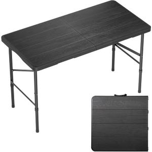 4 Ft Plastic Folding Table,Heavy Duty Portable Table for Indoor & Outdoor,Wood Grain Desktop & 350lbs Weight Capacity,Premium Solutions for Camping,Picnic,BBQ and Party, 4 Ft - Black