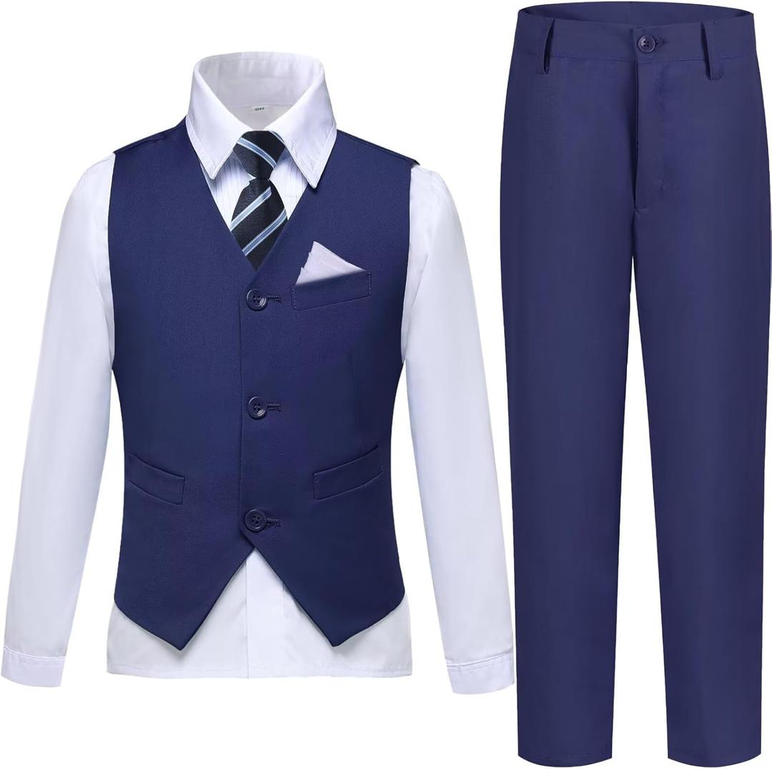 Boys Suit Formal Dress Pants Vest Suit Set for Boys Wedding Outfits with Dress Shirt Tie and Pocket Square (12, Navy Blue)
