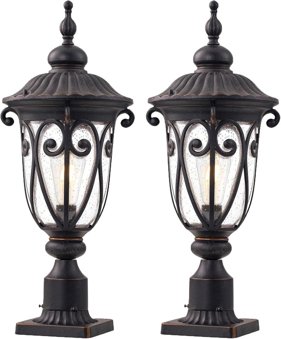 24 Inch Large Post Light Fixture with 3in Pier Mount, 2 Pack Bronze Post Lamp for Yard, Outdoor Pole Lantern with Seeded Glass, Aluminum Outside Lights for Garden Patio Driveway Pathway