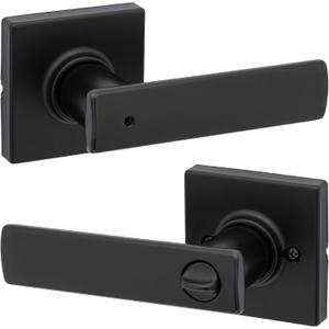 Kwikset Breton Interior Privacy Door Handle with Lock, Door Lever For Bathroom and Bedroom, Matte Black Reversible Keyless Turn Lock, with Microban Protection