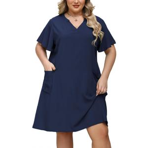 Celkuser Plus Size Summer Midi Casual Shift Dress for Womens Short Sleeve V Neck Sundresses with Pocket Vacation Outfits 2026, Size 3XL