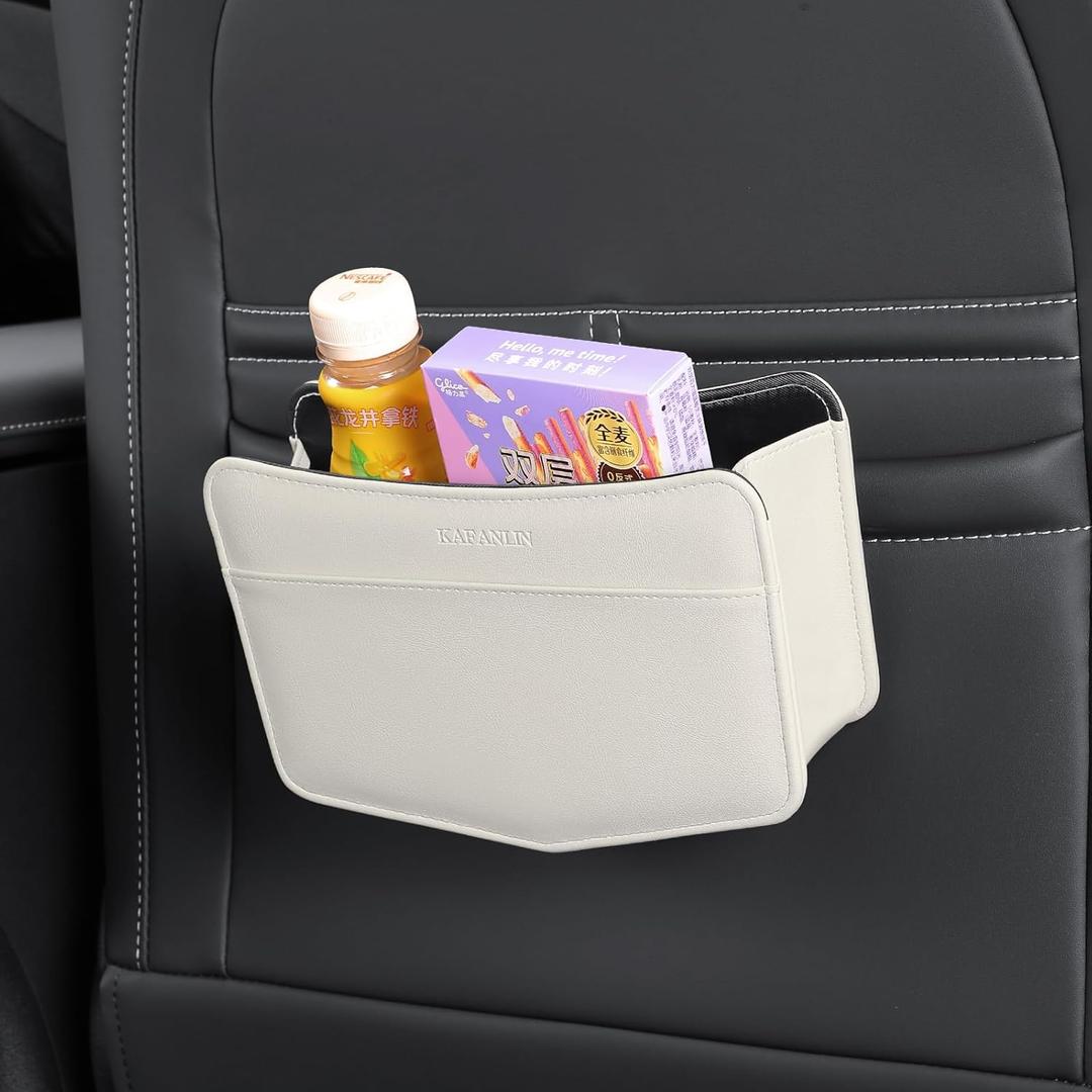 Car Trash Can Small Leather Vehicle Trash Bin Car Dustbin Garbage Organizer Holder with Trash Bag Foldable Mini Cars Storage Bag Container for Auto SUV Van Trucks (White,Clip on)