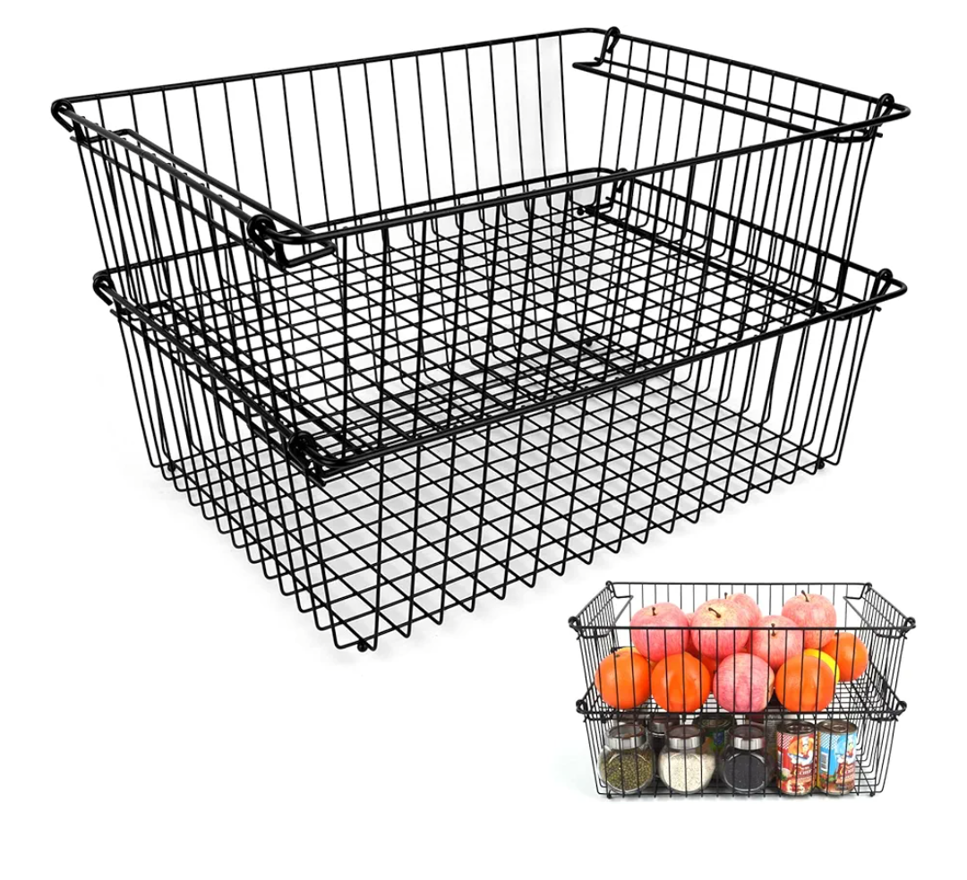 Set of 2 Stackable XXL Wire Baskets For Pantry Storage and Organization -16x12in Large Metal Food Baskets -Vegetable,Fruit,Potato,Onio, Pantry Storage Bins With Handles (Black, XXL)