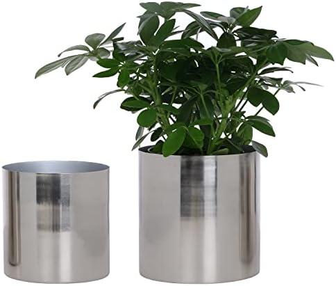 MyGift 5.2 and 6 Inch Round Handmade Shiny Silver Tone Metal Plant Pot Covers, Decorative Indoor Tabletop Houseplant Planter Containers, 2 Piece Set - Handcrafted in India