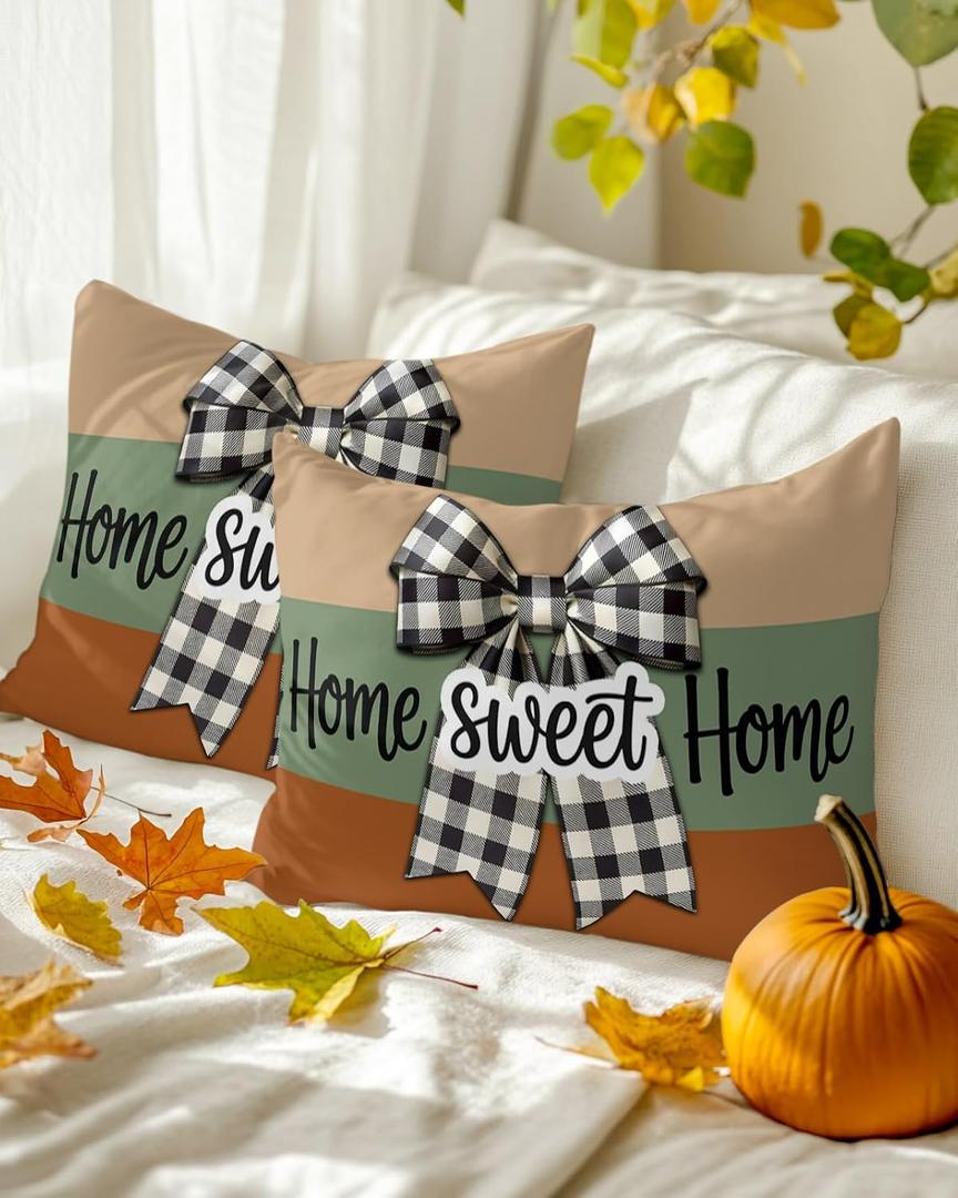 Sweet Home Throw Pillow Covers 12x20 Set of 2,Bow Black Buffalo Plaid Decorative Pillow Covers,Sage Green Orange Cushion Case for Sofa Couch Patio Garden Bedroom