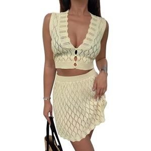 Saodimallsu Womens Two Piece Crochet Swimsuit Cover Ups Sleeveless V Neck Crop Tops Skirt Sets Beach Vacation Outfits, L