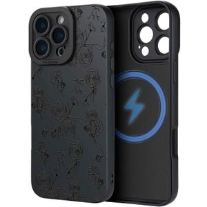 Case for iPhone 16 Pro [Compatible with MagSafe] Built in Magnetic Cute Girly Sleek Print Boho Aesthetic Style Design for Women Girls Flowers Floral Rose Soft TPU Protective Shockproof Mate Black