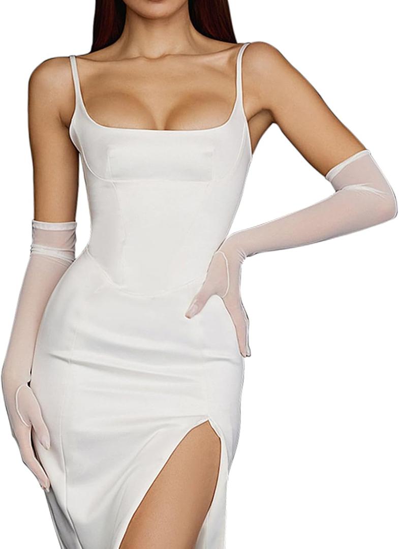 Nackiy Long Black Opera Gloves for Women, 1920s Satin Stretchy Elbow Length Party Gloves Costumes Bridal, 20inch (White Tulle)
